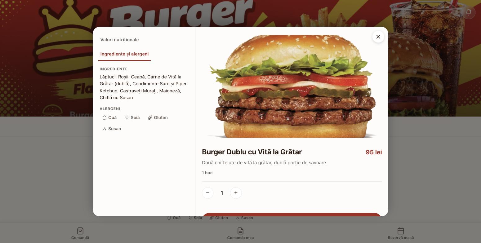 Calorii și valori nutriționale într-un meniu digital